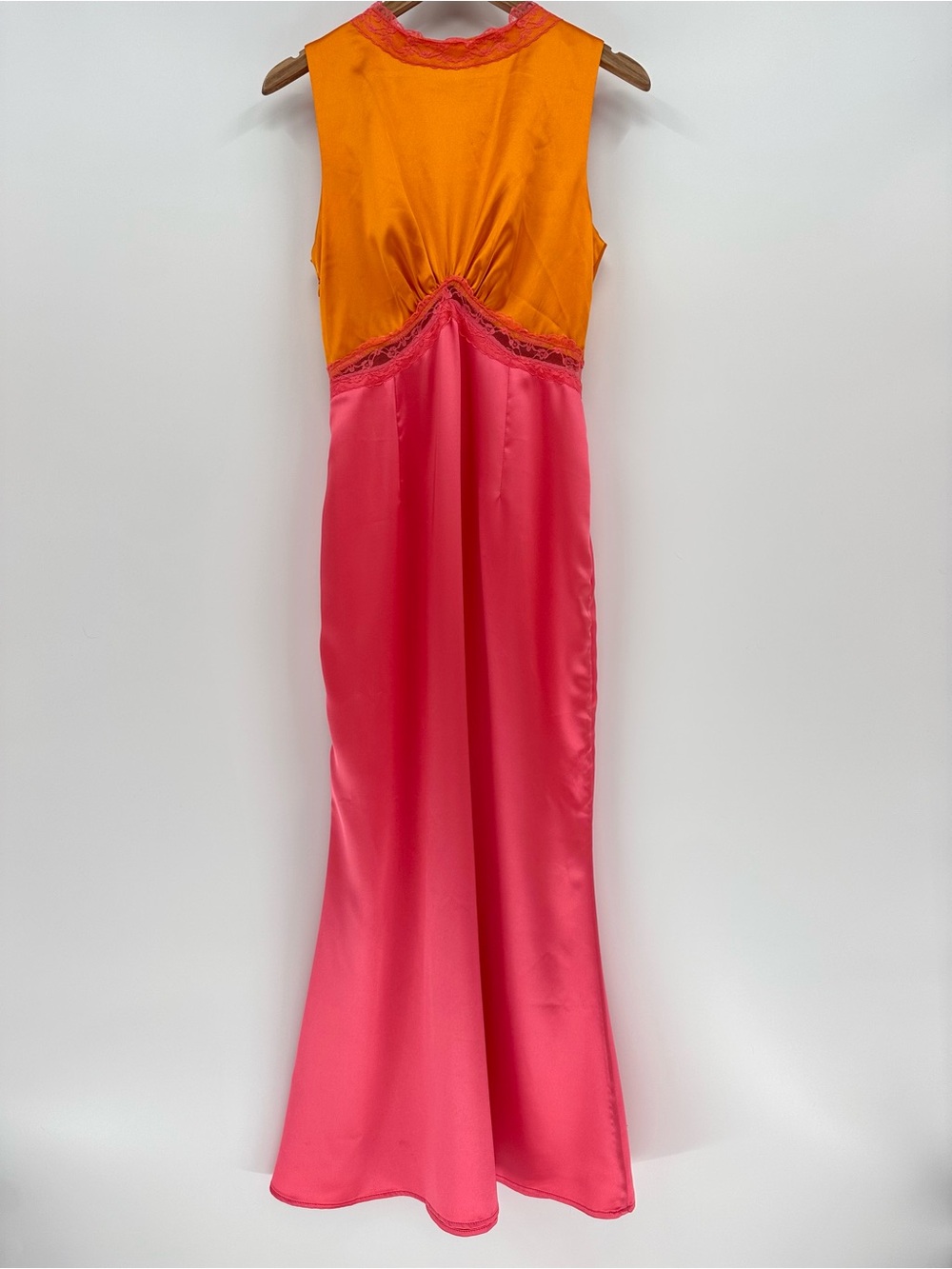 Never Fully Dressed Pink and Orange Satin Lace Slip Dress Size 6 - Picture 10 of 14